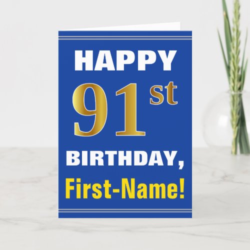 Bold Blue Faux Gold 91st Birthday w Name Card