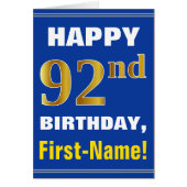 Bold, Blue, Faux Gold 92nd Birthday w/ Name Card (Front)