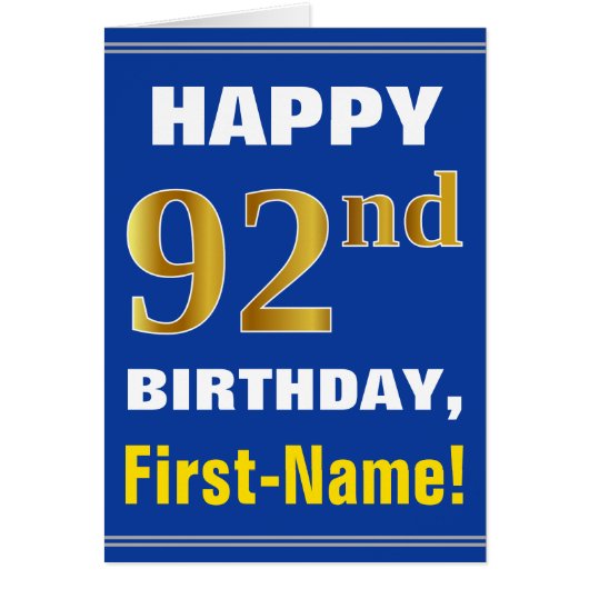 Bold, Blue, Faux Gold 92nd Birthday w/ Name Card (Front)