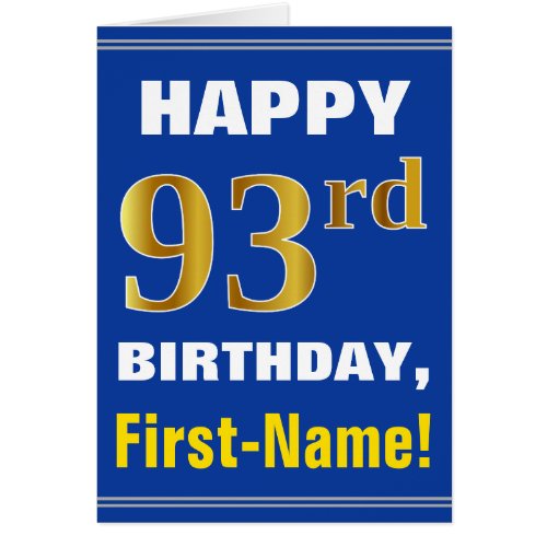 Bold Blue Faux Gold 93rd Birthday w Name Card