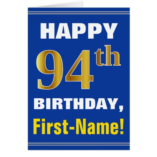 Bold Blue Faux Gold 94th Birthday w Name Card