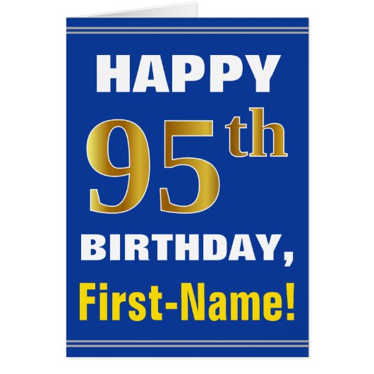 Bold, Blue, Faux Gold 95th Birthday w/ Name Card (Front)