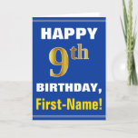 [ Thumbnail: Bold, Blue, Faux Gold 9th Birthday W/ Name Card ]