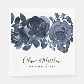 Bold Blue Floral Hand Lettering Wedding Napkins