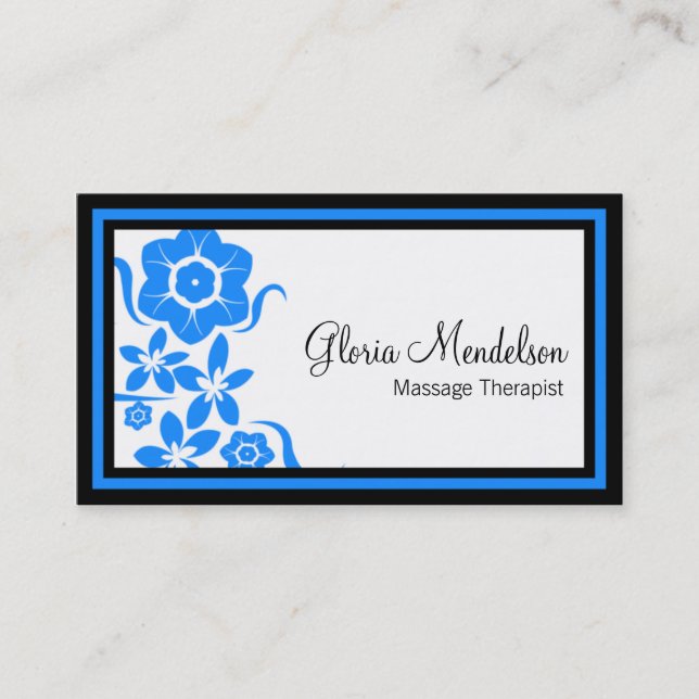 Bold Blue Floral Massage Therapy Business Card (Front)