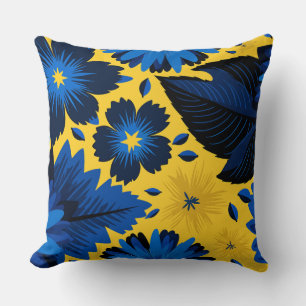 Bold Blue Floral on Vibrant Yellow Background Throw Pillow