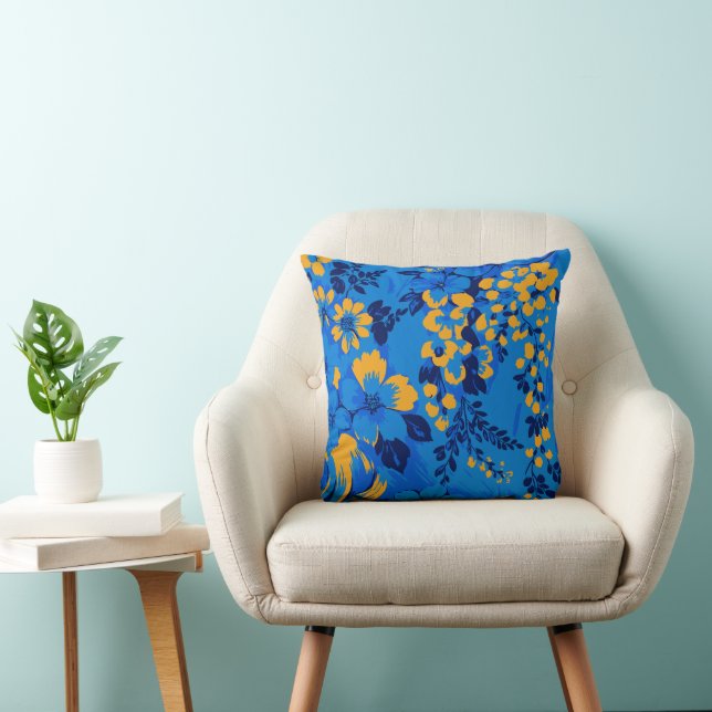 Bold Blue Garden – Vibrant Floral Pattern Throw Pillow (Chair)