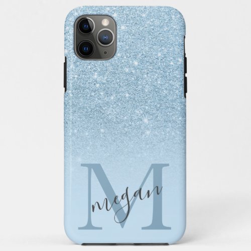 Bold blue glitter ombre chic pastel monogrammed iPhone 11 pro max case