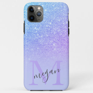 Bold blue glitter ombre chic purple monogrammed iPhone 11 pro max case