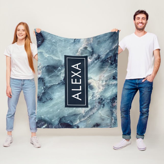 Bold blue-gray faux marble texture fleece blanket (In Situ)