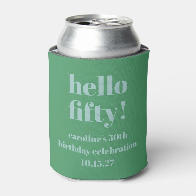 Bold Blue Green Cute Modern Custom 50th Birthday Can Cooler (Can Front)