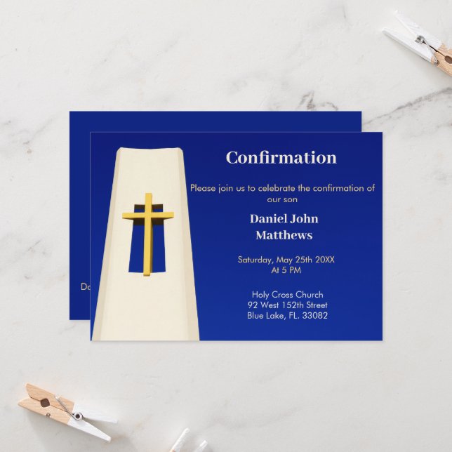 Bold Blue Holy Cross Confirmation Invitation (Front/Back In Situ)
