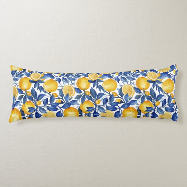 Bold Blue Italian Positano Lemon Body Pillow (Front)