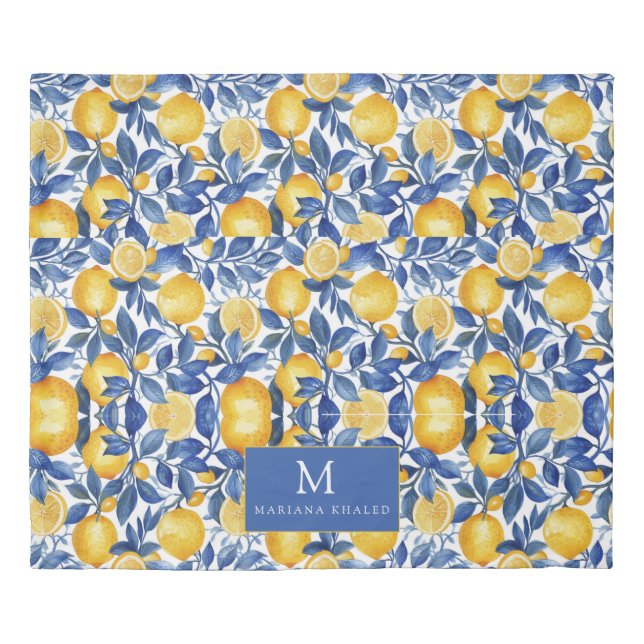 Bold Blue Italian Positano Lemon Duvet Cover (Front)