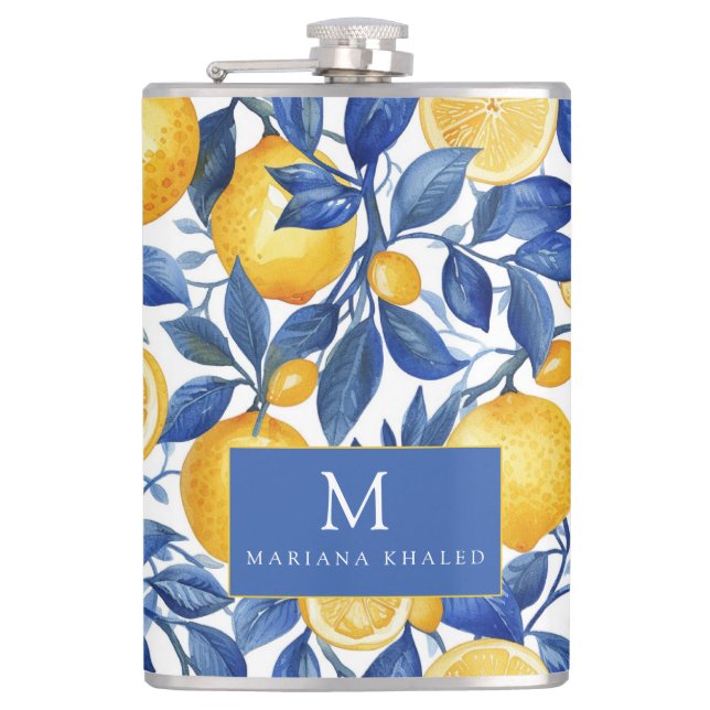 Bold Blue Italian Positano Lemon Flask (Front)