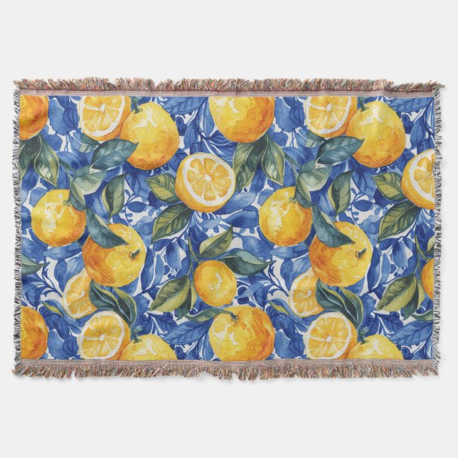 Bold Blue Italian Positano Lemon Throw Blanket (Front)