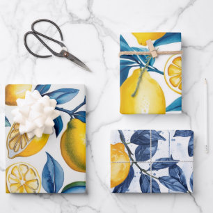 Bold Blue Italian Positano Lemon Wrapping Paper Sheets