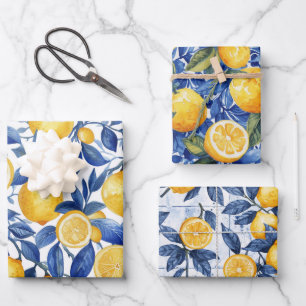 Bold Blue Italian Positano Lemon Wrapping Paper Sheets