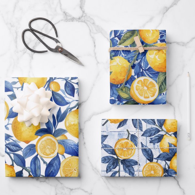 Bold Blue Italian Positano Lemon Wrapping Paper Sheets (Front)