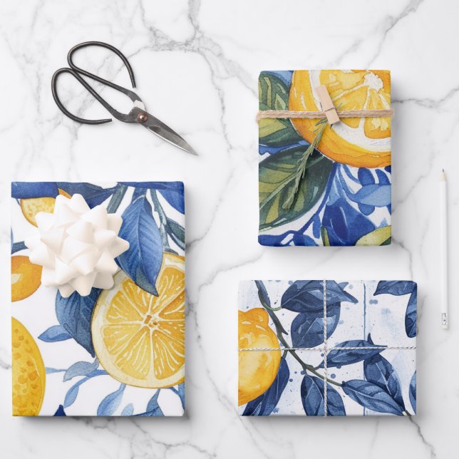 Bold Blue Italian Positano Lemon Wrapping Paper Sheets (Front)
