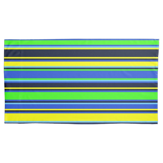 Bold Blue, Lime, & Yellow Striped Pillowcase (Front-Left)