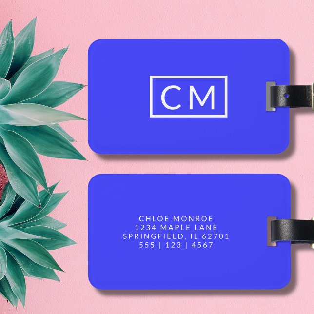 Bold Blue Modern Monogram Simple Initial Luggage Tag (Creator Uploaded)