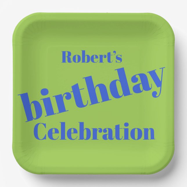 Bold Blue On Lime Green Birthday Party Paper Plates (Front)