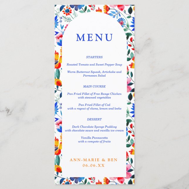 Bold Blue & Orange Floral Folk Fiesta Wedding Menu (Front)