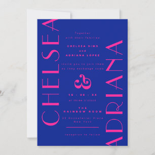 Bold Blue Pink Art Deco Typography Wedding Invitation