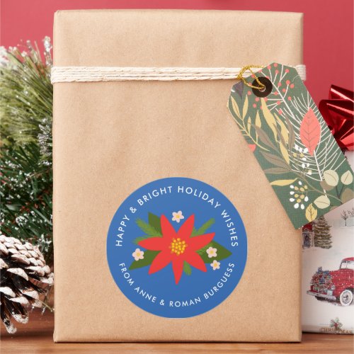 Bold Blue Poinsettia Christmas Holiday Gift Label
