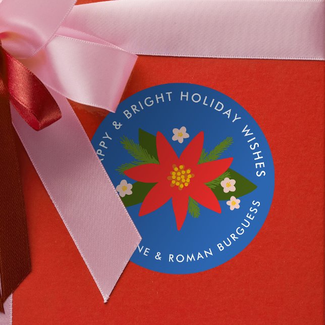 Bold Blue Poinsettia Christmas Holiday Gift Label (bright blue modern poinsettia custom text  Christmas gift sticker)