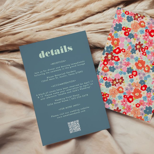 Bold Blue QR Code Wedding Guest Information Card (Bold Blue QR Code Wedding Guest Information Card - hotel accommodations, reception details, travel.)