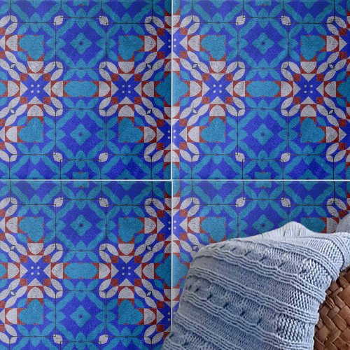 Bold Blue Red White Mosaic Geometric Pattern Ceramic Tile