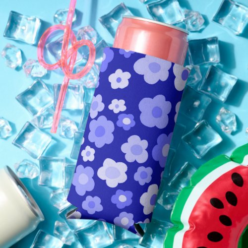 Bold Blue Retro Daisies Cute Colorful Fun Floral Seltzer Can Cooler