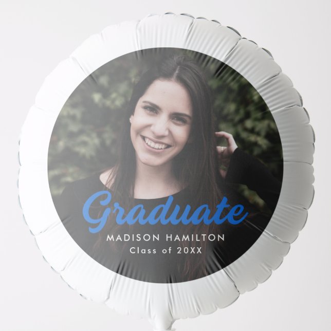 Bold Blue Script Personalized Photo Graduation Balloon (Front)