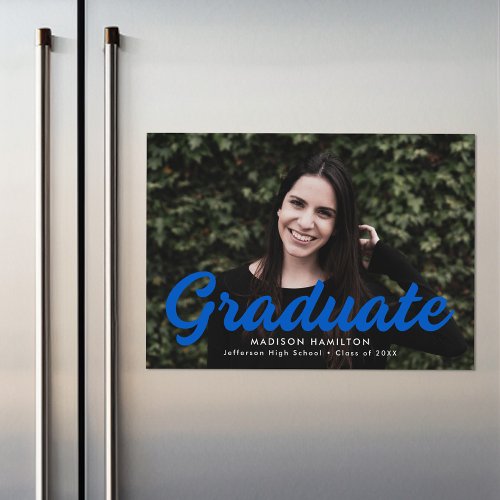 Bold Blue Script Photo Graduation Announcement