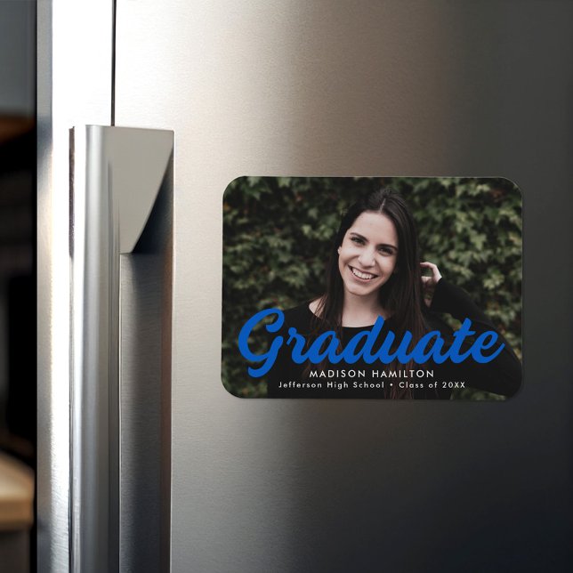 Bold Blue Script Photo Graduation Announcement Magnet (Creator Uploaded)