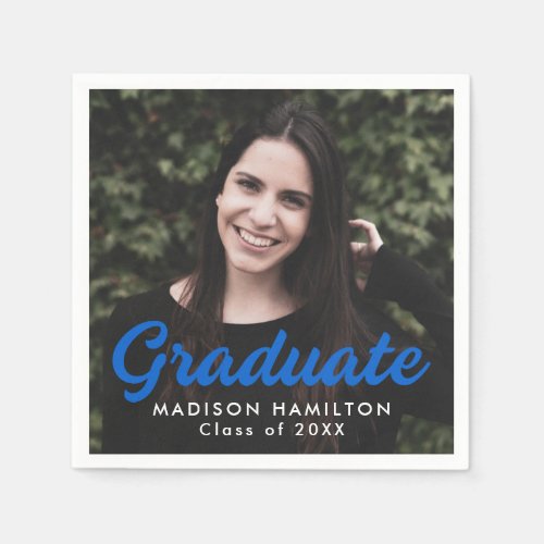 Bold Blue Script Photo Graduation Napkins