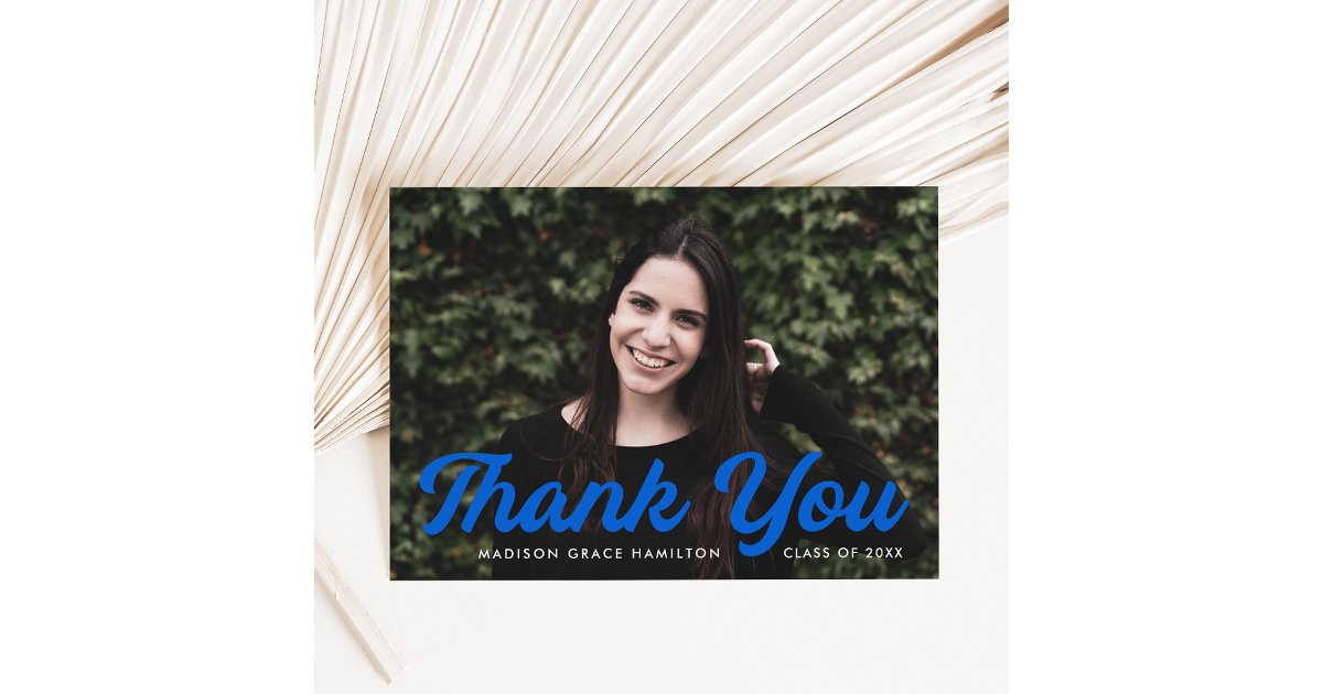Bold Blue Script Photo Graduation Thank You Card | Zazzle