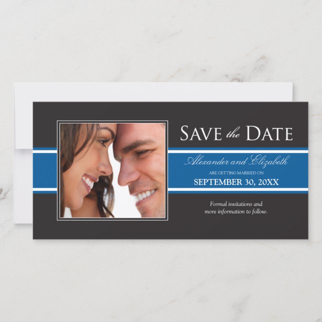 Bold Blue Stripe Save the Date Announcement (Front)