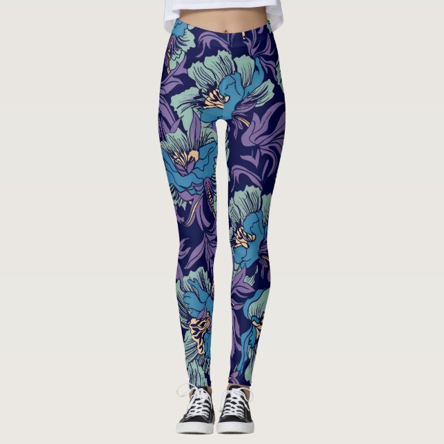 Bold Blue & Teal Botanical Print Floral Pattern  Leggings (Front)