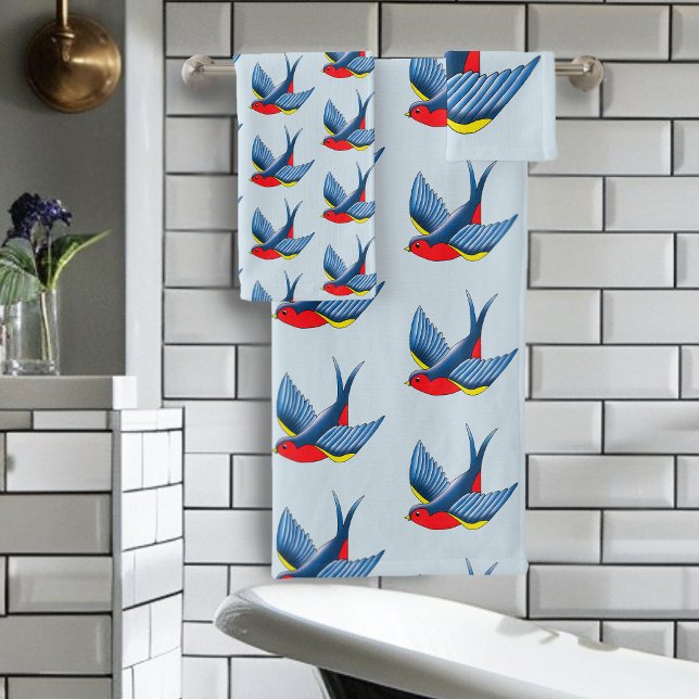 Bold Blue Traditional Swallow Bird Tattoo Style Bath Towel Set (Creator Uploaded)