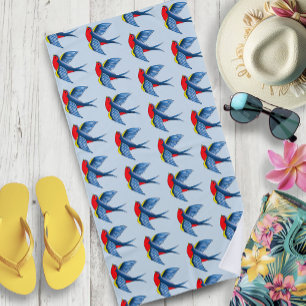 Bold Blue Traditional Swallow Bird Tattoo Style Beach Towel
