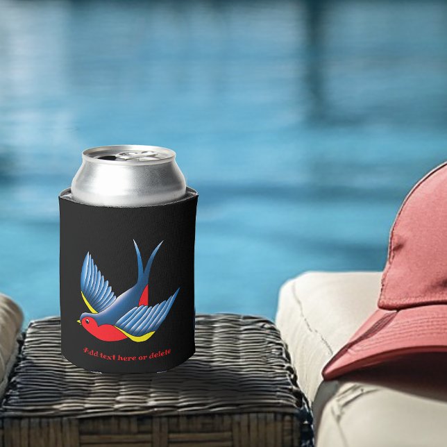 Bold Blue Traditional Swallow Bird Tattoo Style Can Cooler (Creator Uploaded)