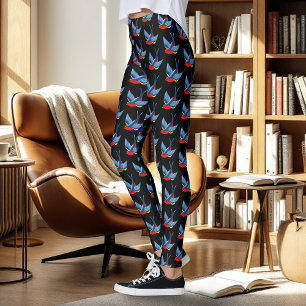 Bold Blue Traditional Swallow Bird Tattoo Style Leggings