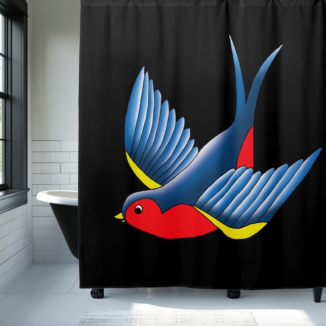 Bold Blue Traditional Swallow Bird Tattoo Style Shower Curtain (Creator Uploaded)