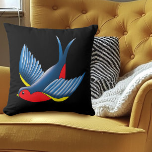 Bold Blue Traditional Swallow Bird Tattoo Style Throw Pillow