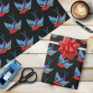 Bold Blue Traditional Swallow Bird Tattoo Style Wrapping Paper