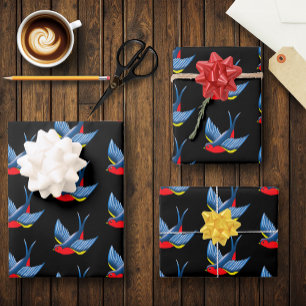 Bold Blue Traditional Swallow Bird Tattoo Style Wrapping Paper Sheets