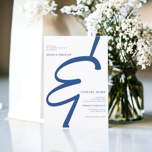Bold blue white all in one calligraphy wedding invitation
